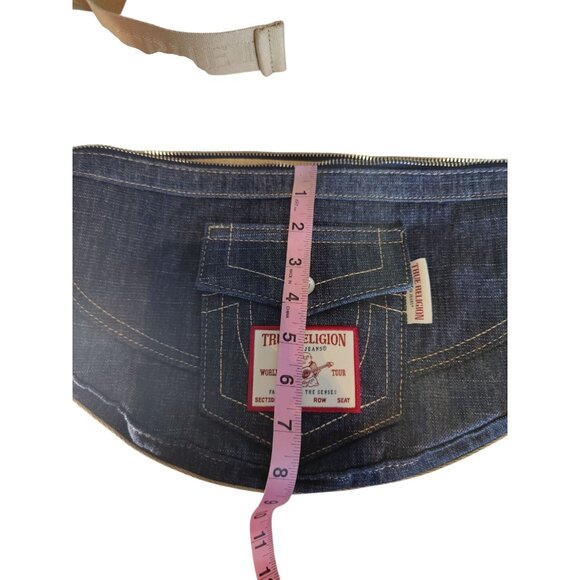 True Religion Semi-Circle Denim Crossbody Hobo Bag Purse Dark Wash NWOT - Picture 4 of 9
